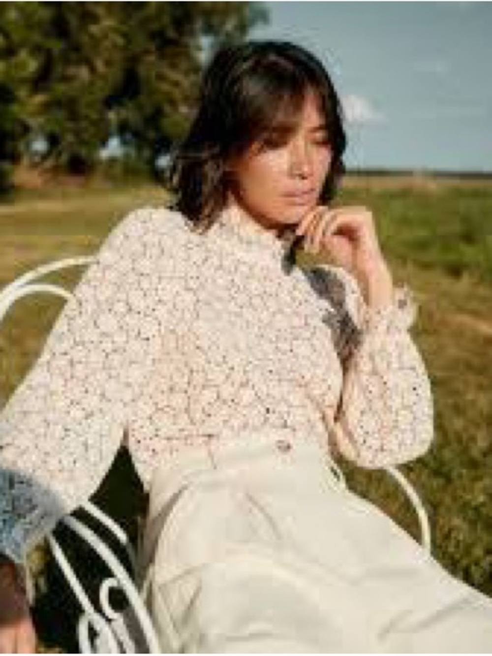 Sezane Cream Floral High-Neck Puff Sleeve Blouse